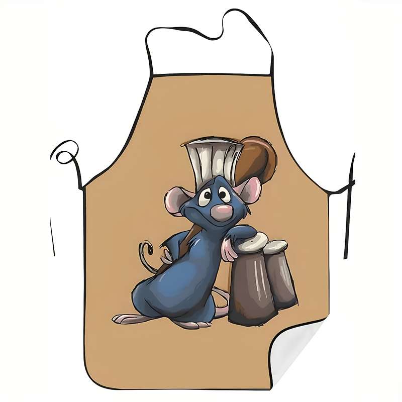 1pc Whimsical Mouse Drum Design Apron 100% Polyester Lightweight Kitchen Apron for Cooking