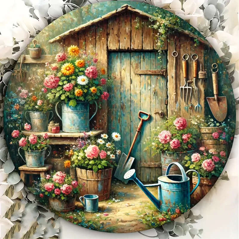 1pc Vintage Floral Garden Shed Round Metal Sign Aluminum Foil Engraving Wall Decor for Cafe Garage F