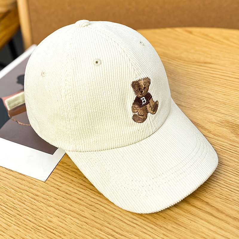 1pc Anime Bear Embroidery Cotton Corduroy Baseball Cap for Women Casual All-Match Adjustable H