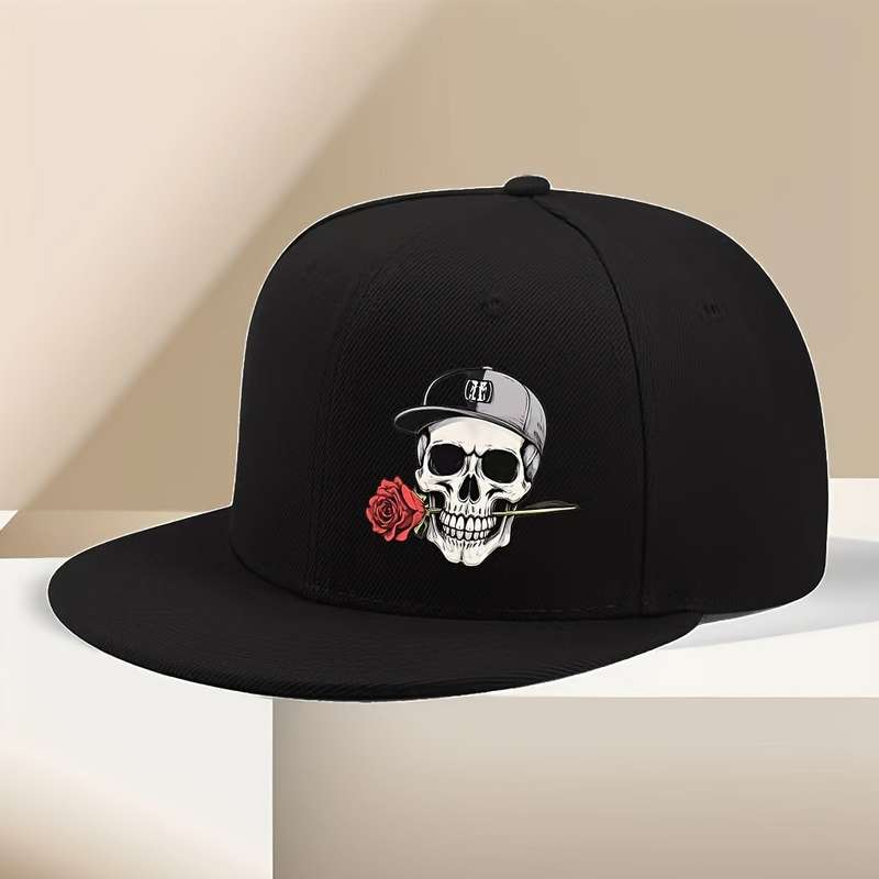 1pc Adjustable Hip Hop Baseball Cap with Skull and Rose Graphic Vintage Style Flat Brim Polyester