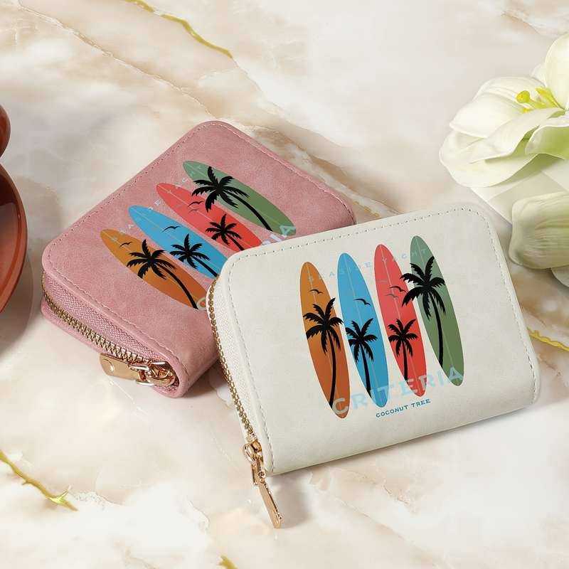 1pc Tropical Print Women's Compact Wallet Stylish Zippered Clutch with Multiple Slots Durable PU