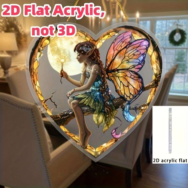 1pc 2D Flat  Bohemian  Charming Night Fairy Sun Catcher 20.32cm x 20.32cm Acrylic Heart-Sh