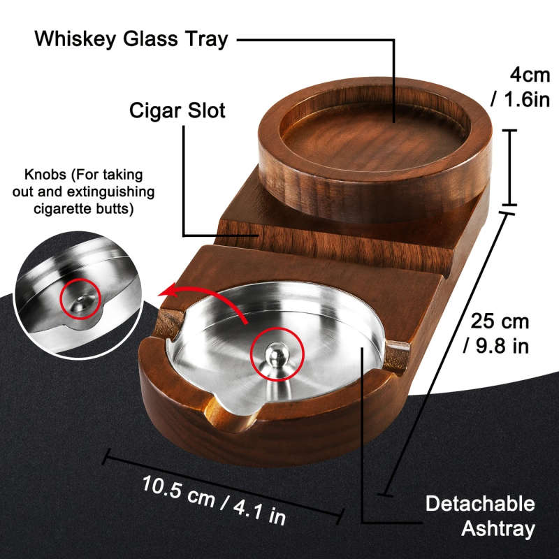 1pc Vintage Wooden Cigar Ashtray with Whiskey Glass Tray Detachable Indoor Outdoor Use Perfect Gift
