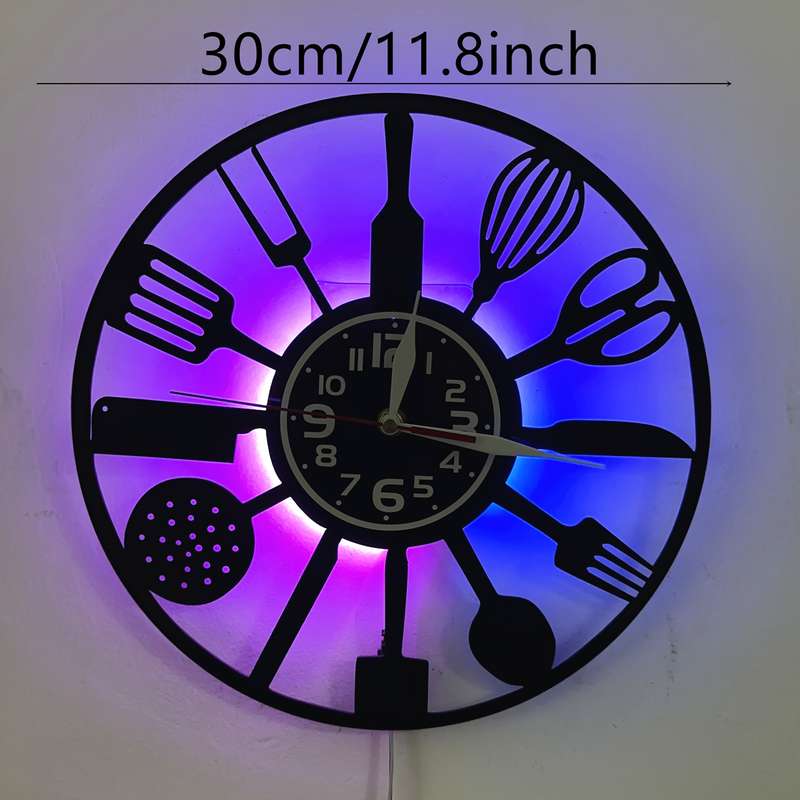 1pc Vintage Kitchen 7 Color LED Lights Vinyl Wall Clock Silent Round Clock with Utensil Design U