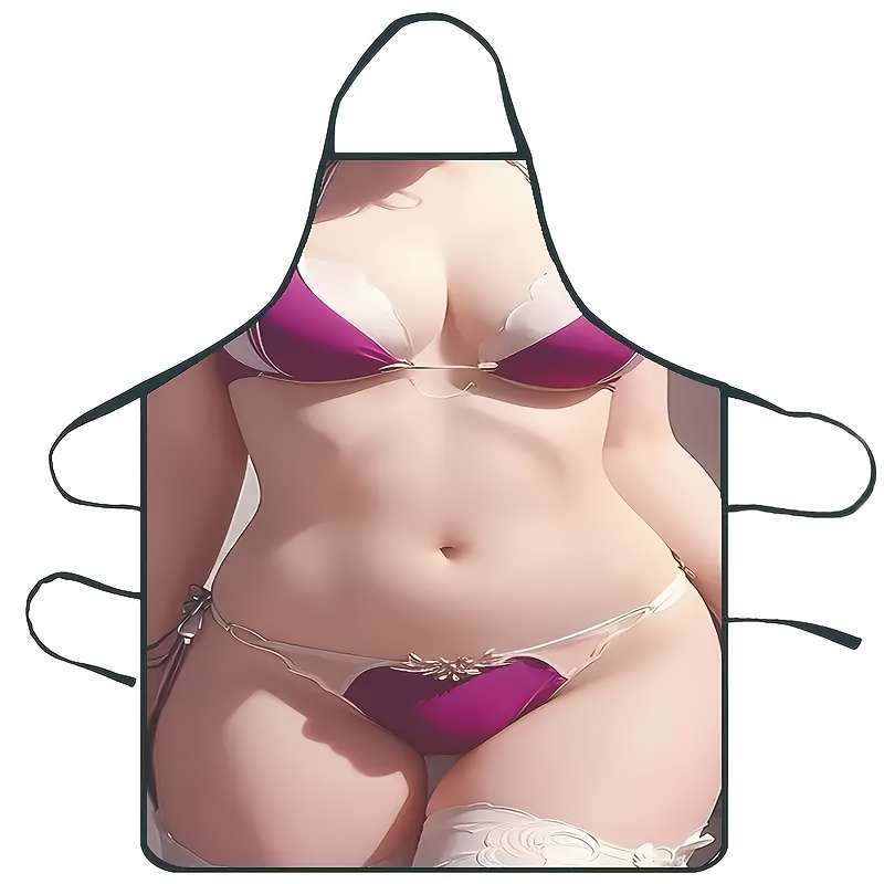 1pc Women'S Polyester Bikini Print Apron Woven Kitchen Apron with Neck Strap Fashionable and Prac