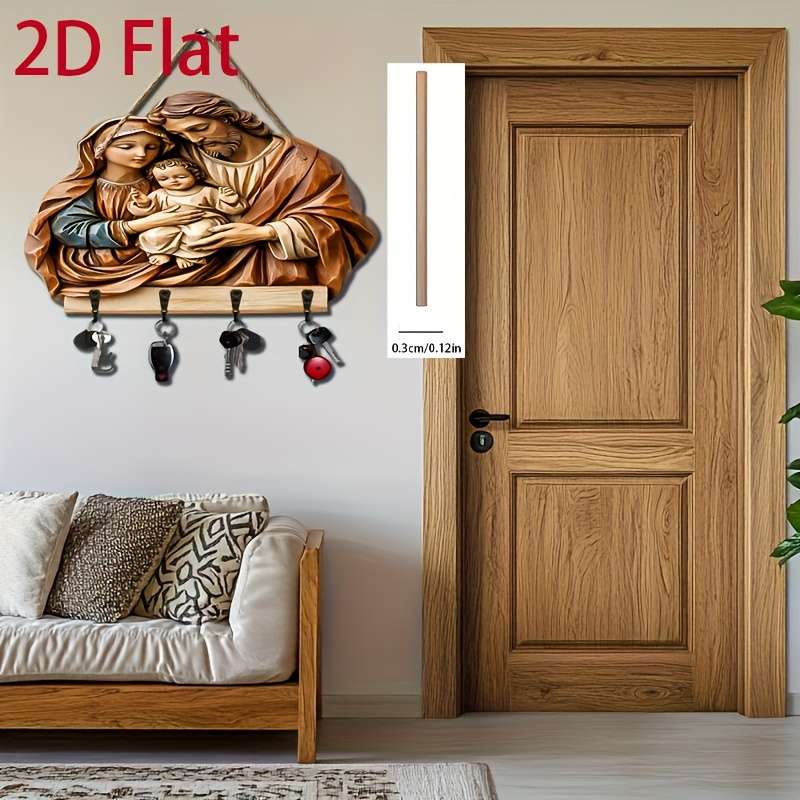 2D Flat 2D Wooden Key Holder with Four Metal HooksVibrant Jesus Mary  Family Carving Ideal for