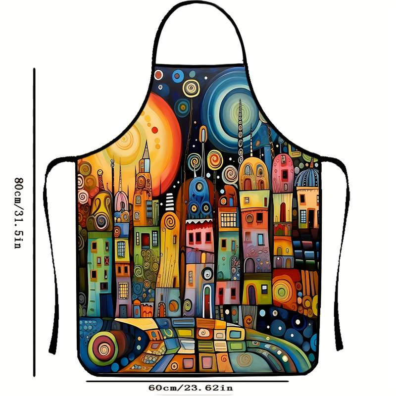 1pc Colorful Art City Pattern Polyester Apron Sleeveless Durable Kitchen Cleaning Bib