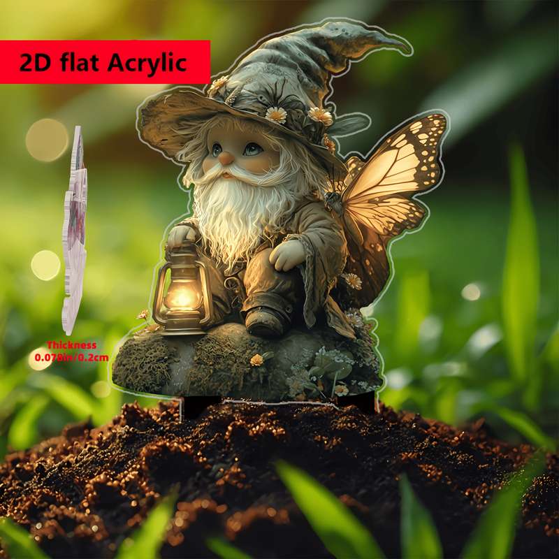 1pc 2D Flat  Acrylic Fairy Garden Gnome with Butterfly Wings Whimsical