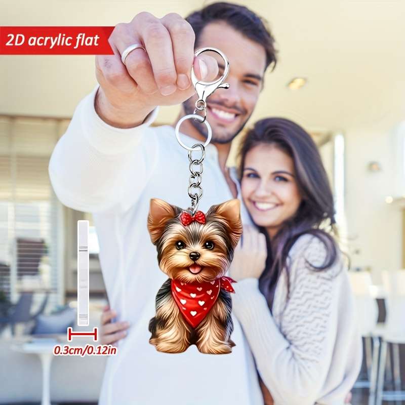 1pc 2D Flat   Cute Yorkshire Terrier Pattern Keychain Novel Acrylic Design Key Chain Decoration