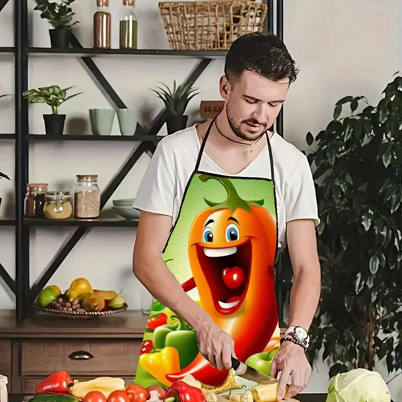 1pc Cute Chili Pepper Print Apron Durable Polyester Fabric Unisex Kitchen Apron for BBQ Baki