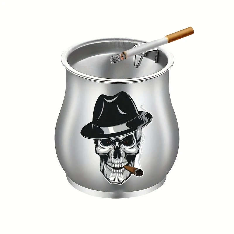 1pc Stainless Steel Ashtray with Lid Skull Pattern Windproof Anti-Fly Ash Creative Funnel Design