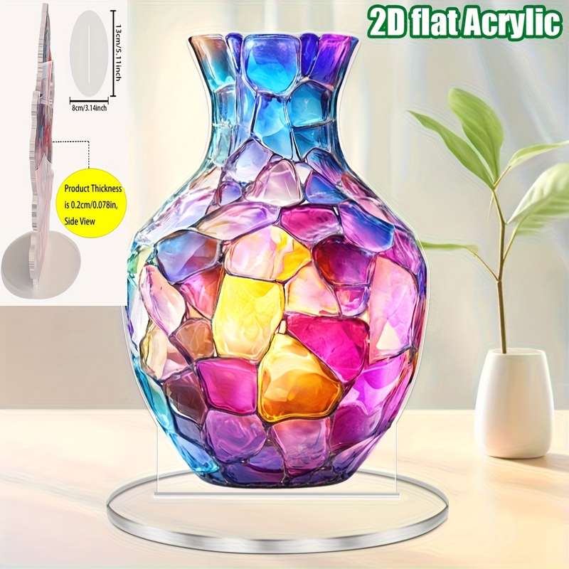 1pc 2D Flat  Acrylic Bohemian Vase Vibrant Mosaic Design Multi-Purpose Tabletop Decor for Home O