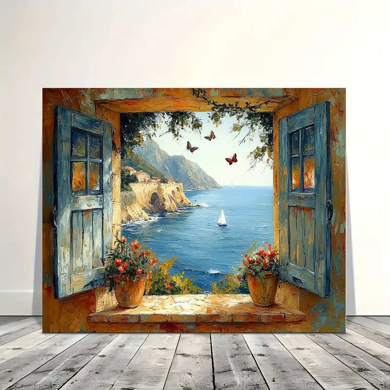 1pc Room Decor Nautical Coastal Landscape Canvas Wall Art Wooden Framed Seaside View with Sailing Bo
