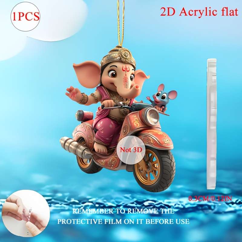 1pc 2D Flat  Acrylic Pendant Charming Ganesha Mouse Motorcycle Ornament Ideal for Car Interiors