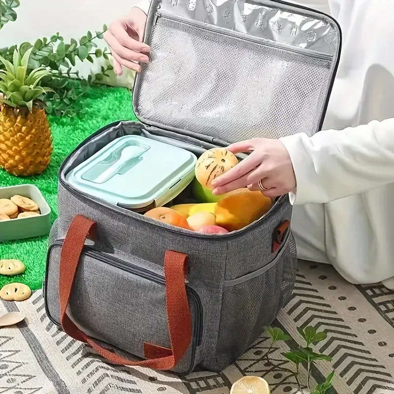 Insulated Lunch Bag Leak-Proof Double-Layer Polyester Reusable with Zippered Pockets