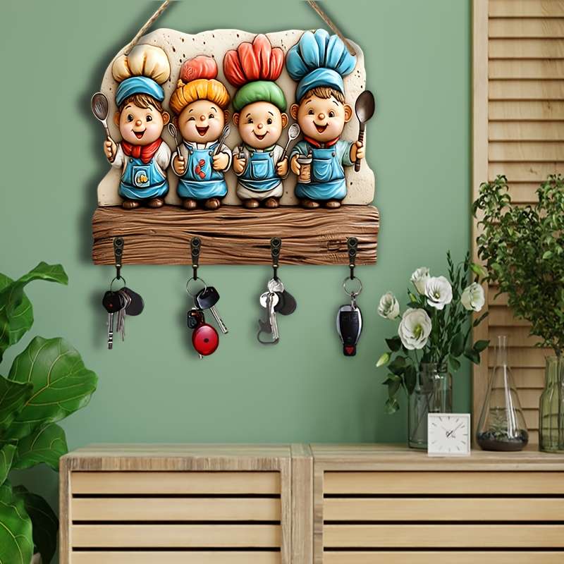 2D Flat 1pc Youngsterss Chef Restaurant Simple Colorful Wooden and Home Key Hanger with Four Met