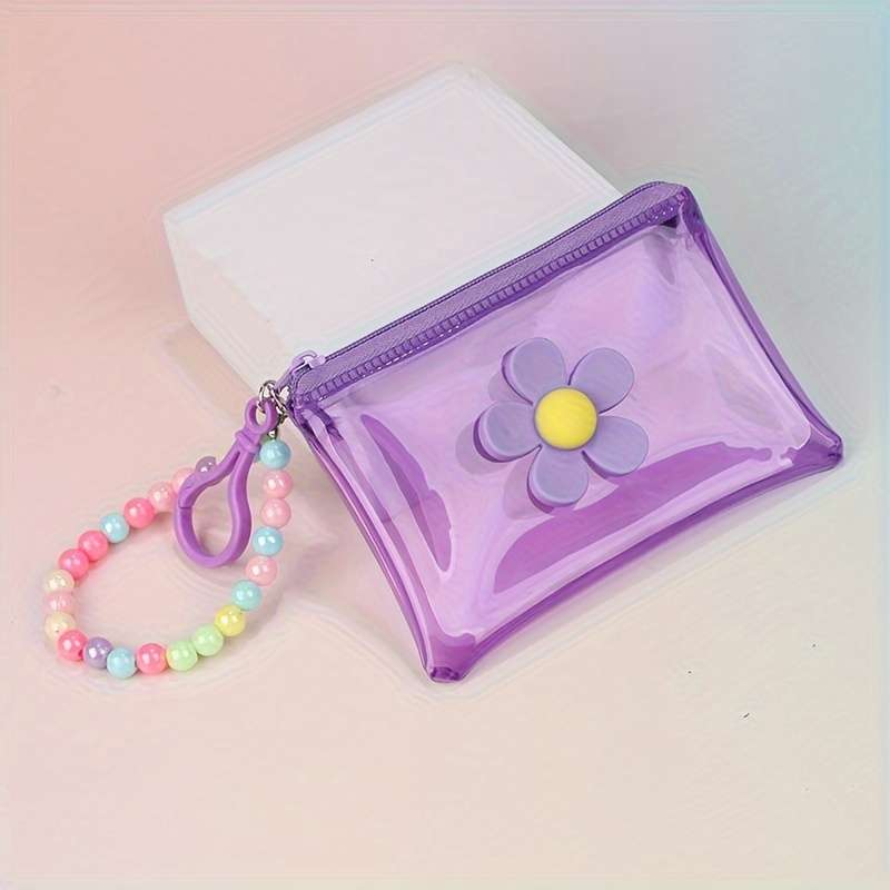 1pc Trendy Transparent PVC Coin Purse with Beaded Chain Compact Key Card Holder Zip Closure E