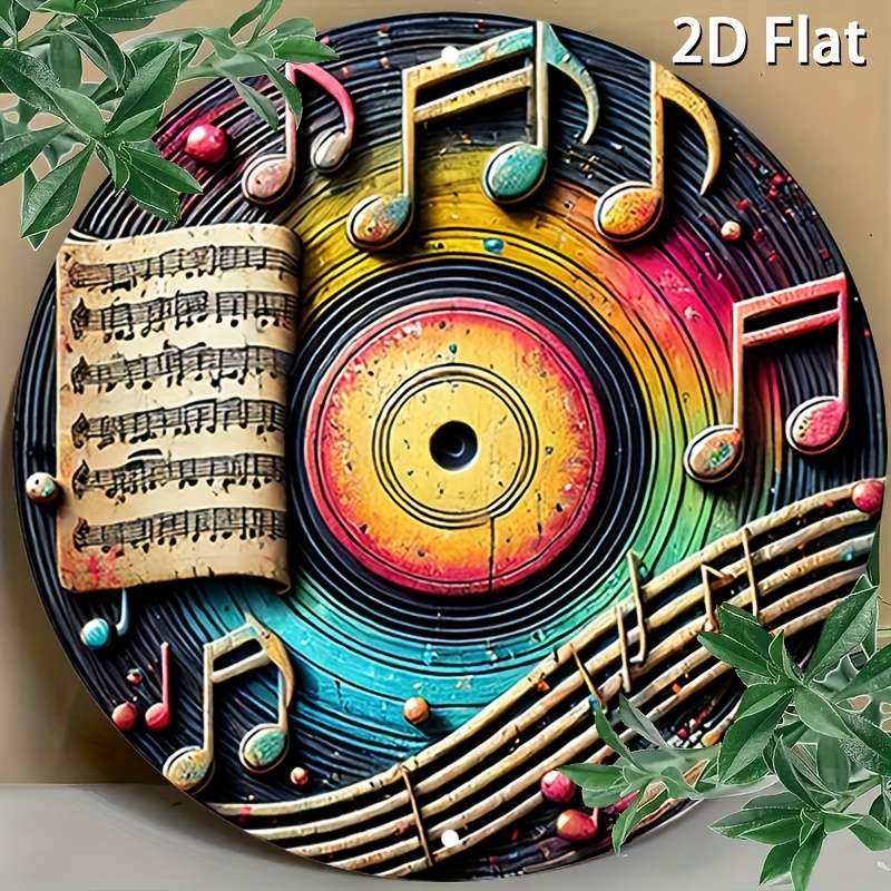 1pc 2D Flat  Vintage Metal Sign with Colorful Music Notes and Records Aluminum Round Poster wi