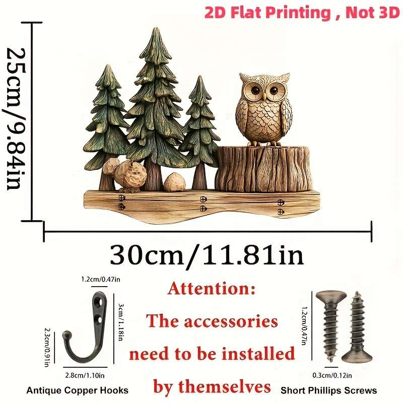 Charming 2D Crow and Forest Colorful Wooden Key Holder30.0cm x 24.99cm with 4 Metal Hooks Perfec