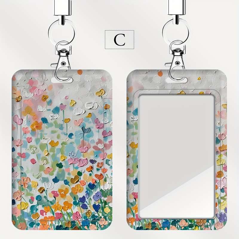 1pc JIT Floral Badge Holder with Lanyard Dual Card Slot Transparent Plastic Protective Insert Sh
