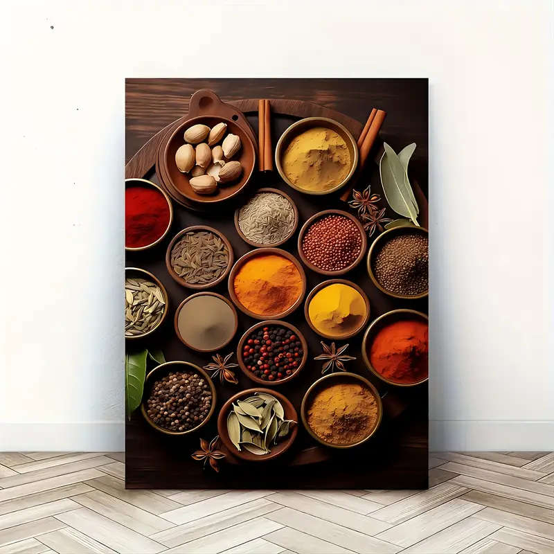 1pc Colorful Spices Farmhouse Kitchen Wall Art Wooden Framed Canvas Print for Home Office Decor Perf