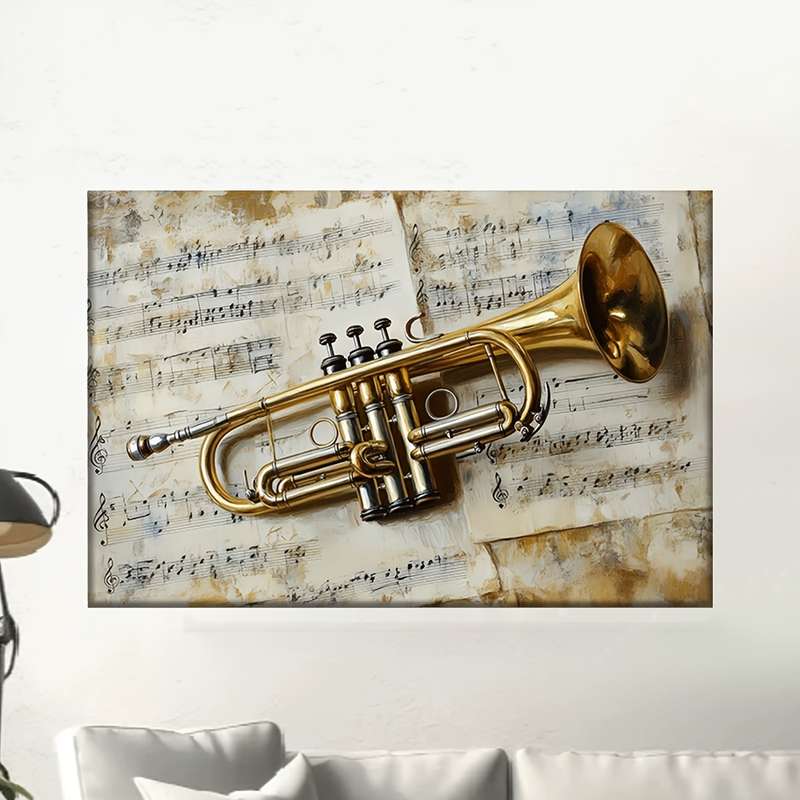 1pc 2D Flat  Unframed Canvas Art Golden Trumpet with Music Notes Abstract Music-Themed Wall