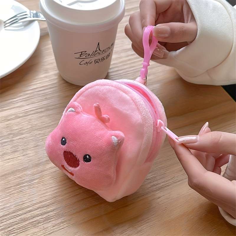 1pc Adorable Pink Beaver Coin Purse Lightweight Cartoon-Style Key Card Holder with Zipper Pock