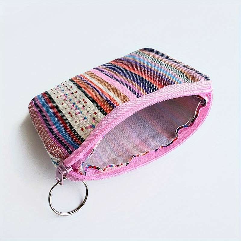 1pc Boho-Chic Retro Striped Canvas Zipper Wallet Lightweight Clutch with Coin Pocket Multifuncti