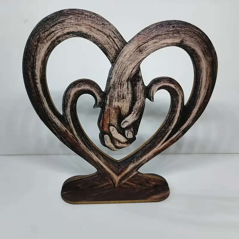 1pc Rustic Wooden Heart-Shaped Hand in Hand Tabletop Ornament Vintage Romantic Log Decor for Bedroom
