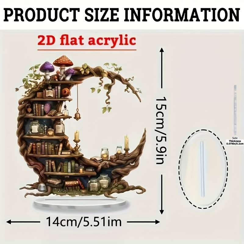 1pc 2D Flat  Acrylic Bohemian Moon-Shaped Bookshelf Enchanting Forest Mushroom Design Perfect f