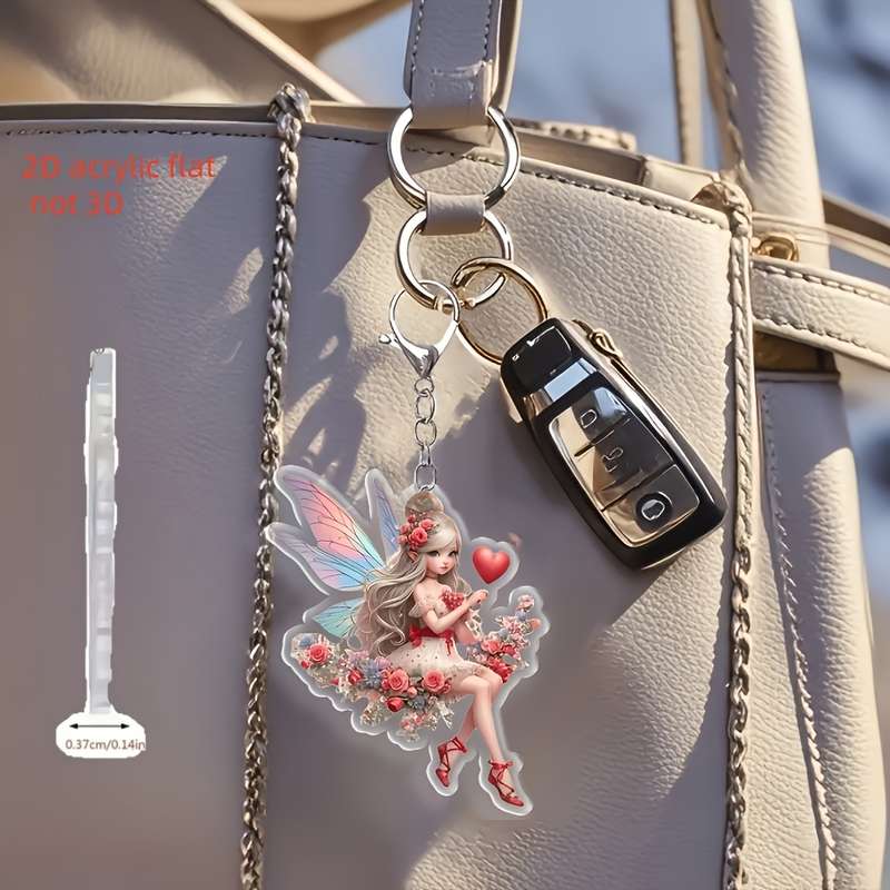 1pc 2D Flat  anime-style acrylic fairy keychain with heart and butterfly design floral wreath art d
