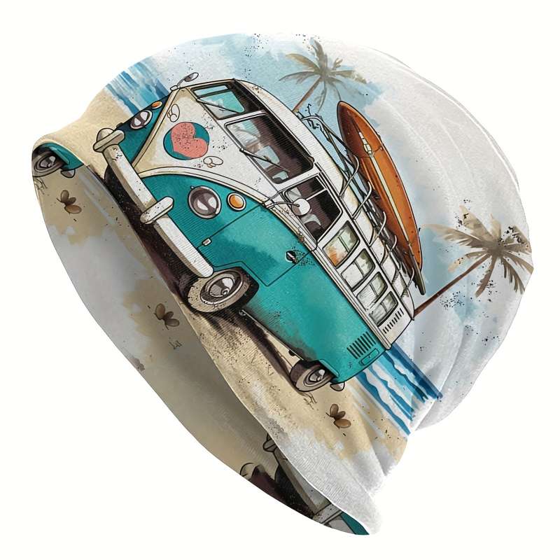 1pc Funky Beach Bus Palm Tree Design Beanie Hat Soft Lightweight Polyester Blend Perfect