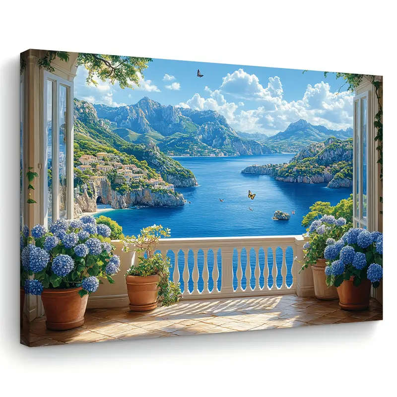 1pc Coastal Balcony Seascape Canvas Wall Art Woven Wooden Framed Print 29.97x39.88 cm Ideal for Livi