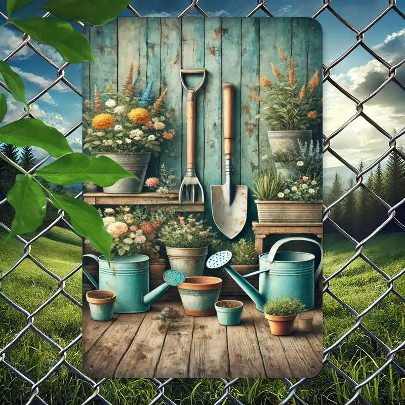 1pc Vintage Gardening Tools Potted Plants Metal Tin Sign 20.32x30.48cm Rustic Wall Art with Colorful