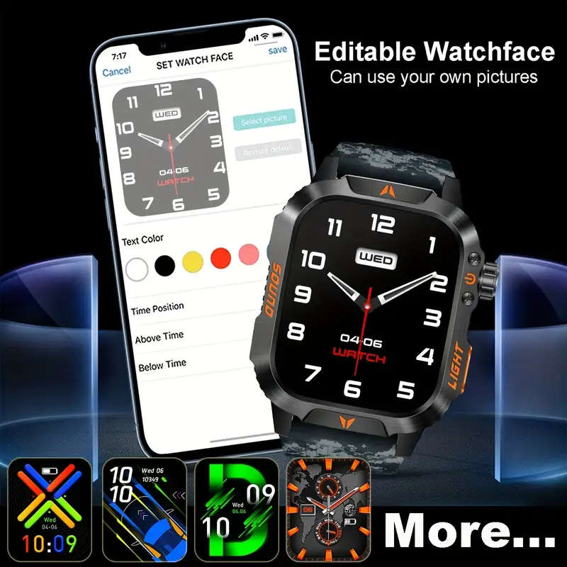 Stylish Square Men'S Outdoor Sports Smart Watch Wireless Call Flashlight AI Voice Assistant Sports