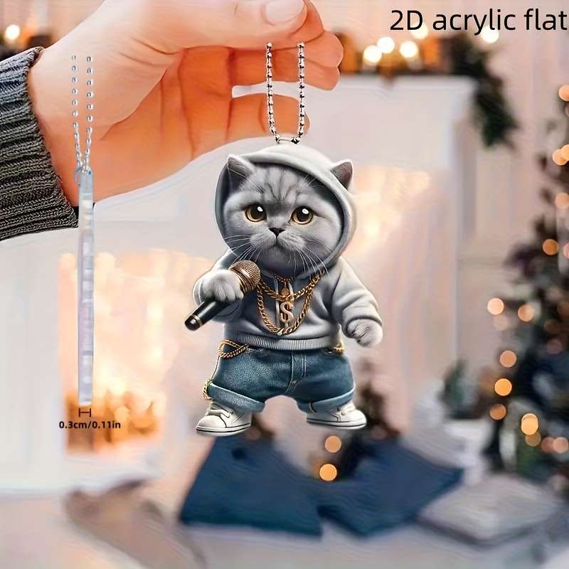 1pc 2D Flat   Acrylic Microphone Blue Cat Car Hanging Pendant for Rearview Mirror Keychain D
