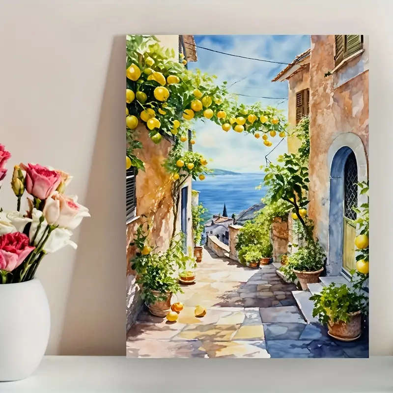 1pc Amalfi Coast Lemon Tree Canvas Art Print Frameless Mediterranean Watercolor Poster Vibrant Coast