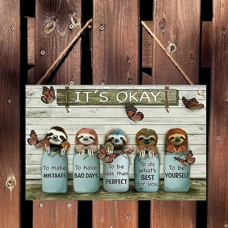 1pc Wooden Sloth and Butterfly Sign It'S Oka Inspirational Wall Art 12.7x19.99cm Pre-Drilled Weather