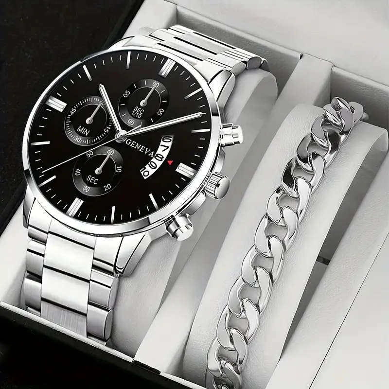 2pcs Watch Set: Stylish Alloy Round Case with Calendar
