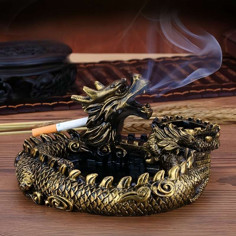 1pc Vintage Style Dragon Ashtray Resin Crafted Round Shape Durable No Electricity Required wit