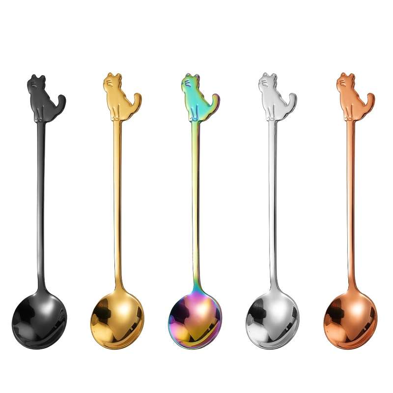 5pcs Stainless Steel Cute Mini Cat Spoons for Coffee Dessert Tea Sugar and Ice Cream Churn