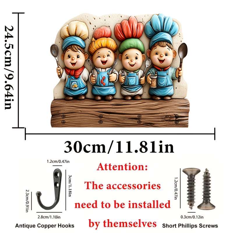2D Flat 1pc Youngsterss Chef Restaurant Simple Colorful Wooden and Home Key Hanger with Four Met