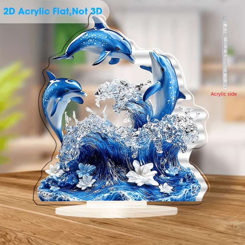 1pc 2D Flat    Printing Blue Three Dolphins Acrylic Display Sign Cafe Bedroom Living Ro