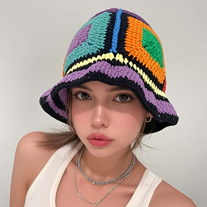 1pc Colorful Handmade Crochet Bucket Hat for Women C Vibrant Striped Knit Fisherman Cap Perfect fo