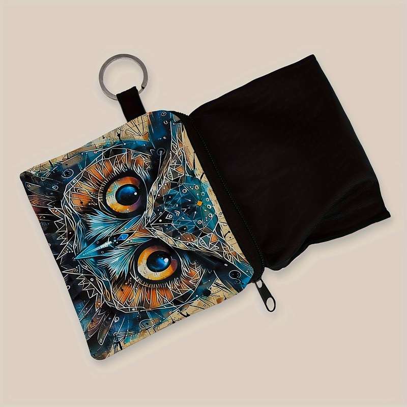 1pc SWEET Owl Print Zipper Pouch Lightweight Multifunctional Small Purse with Keychain Coin