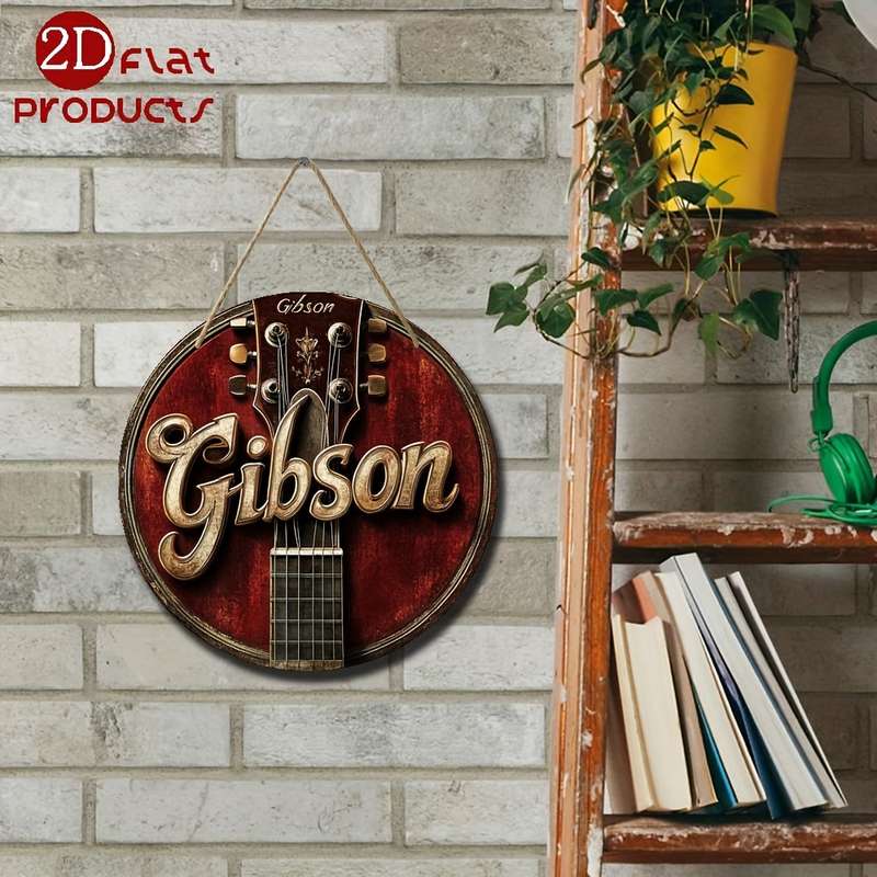 1pc 2D Flat Guitar Theme Round Wooden Sign 8x8in 20x20cm Home Holiday Decorations Suitable for R