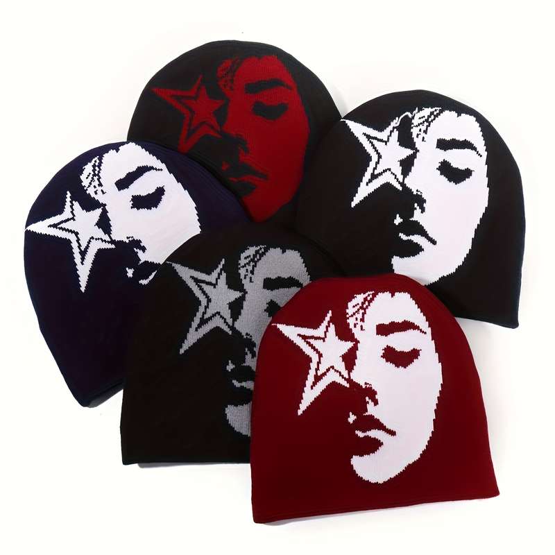 1pc Star Face Jacquard Knit Beanie for Women and Men Acrylic Stretchy Skull Cap Lightweight Unise