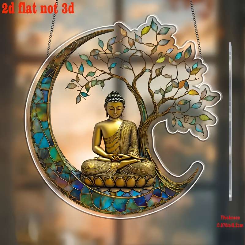1pc 2D Flat  Vintage Buddha Suncatcher  Acrylic Stained Glass Window Hanging Decor 19.99cm x 2