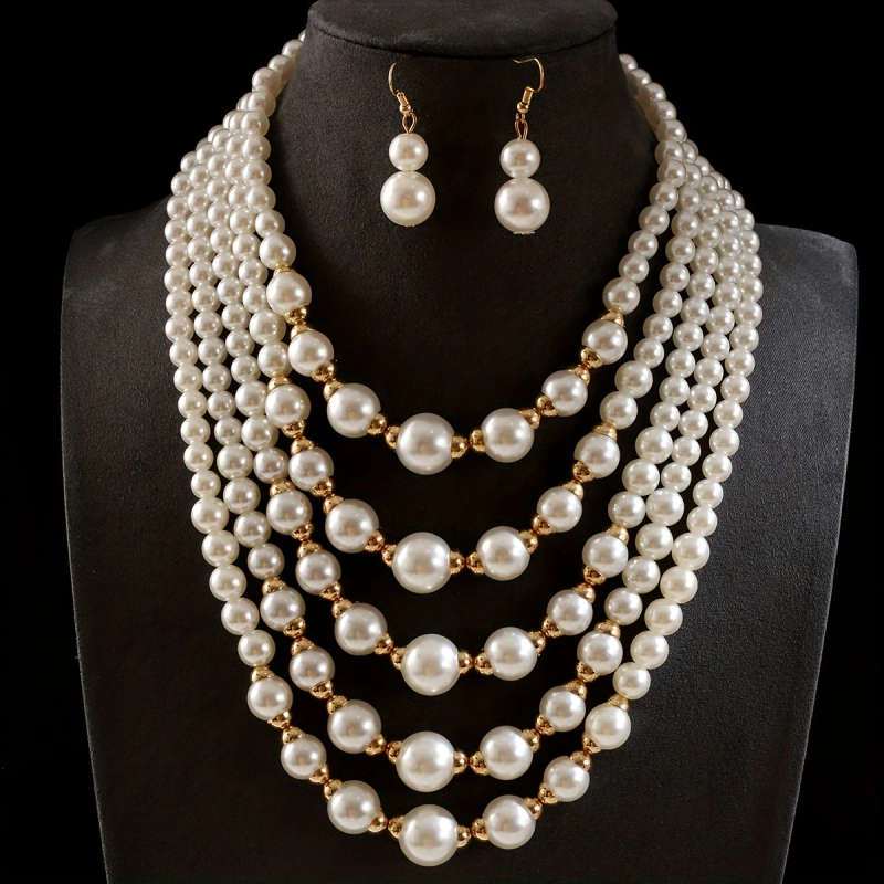 1 Set Of 14K Gold Plated Elegant Multi-Layered Faux Pearl Beaded Necklace And Earrings