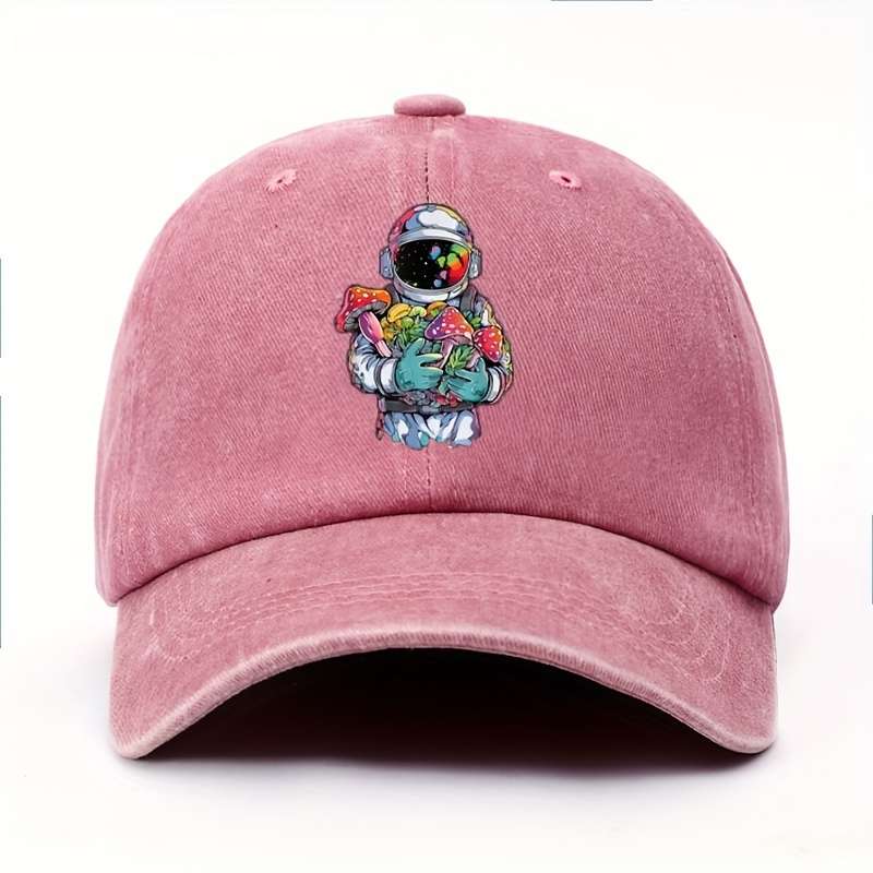 1pc Colorful Astronaut with Assorted Mushrooms Print Baseball Cap Vintage Fun Cotton Adjustable S